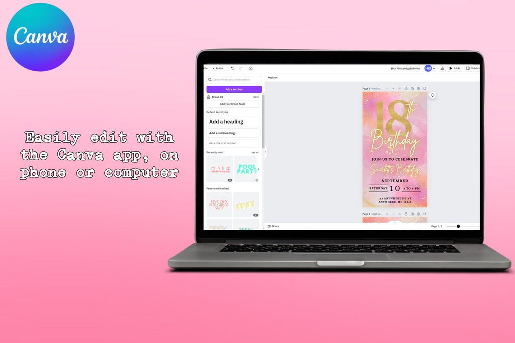 # Pink & Gold 18th Birthday E-Vite, Glitter Birthday Invitation, Editable Canva Digital Invite, Glam Birthday Party Template
