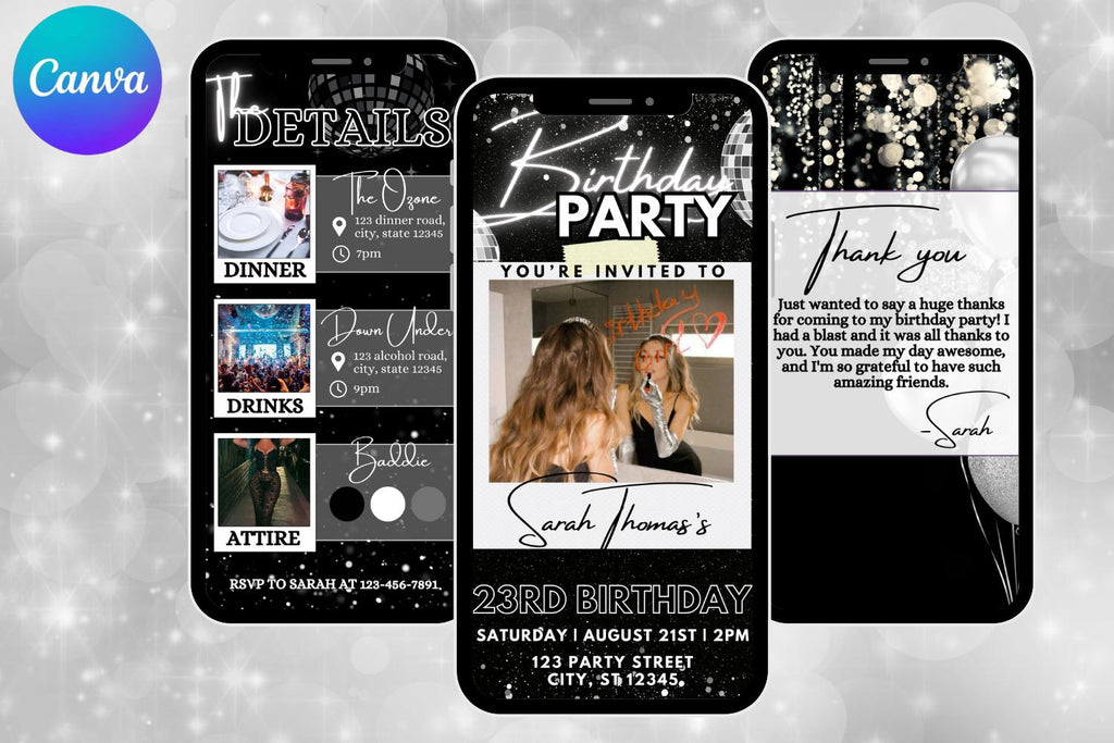 Black & Silver Birthday E-Vite, Glam Digital Birthday Invitation, Dinner & Drinks Party Invite, Editable Canva Birthday Template