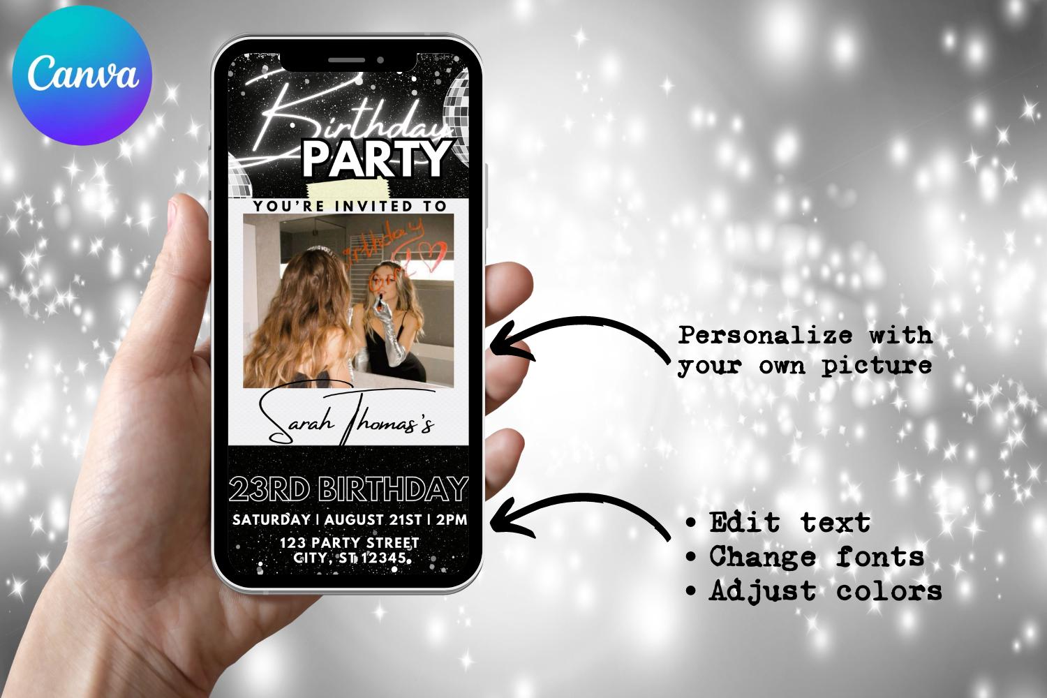 Black & Silver Birthday E-Vite, Glam Digital Birthday Invitation, Dinner & Drinks Party Invite, Editable Canva Birthday Template