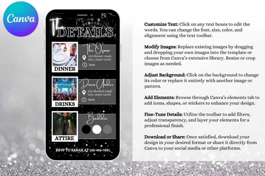 Black & Silver Birthday E-Vite, Glam Digital Birthday Invitation, Dinner & Drinks Party Invite, Editable Canva Birthday Template