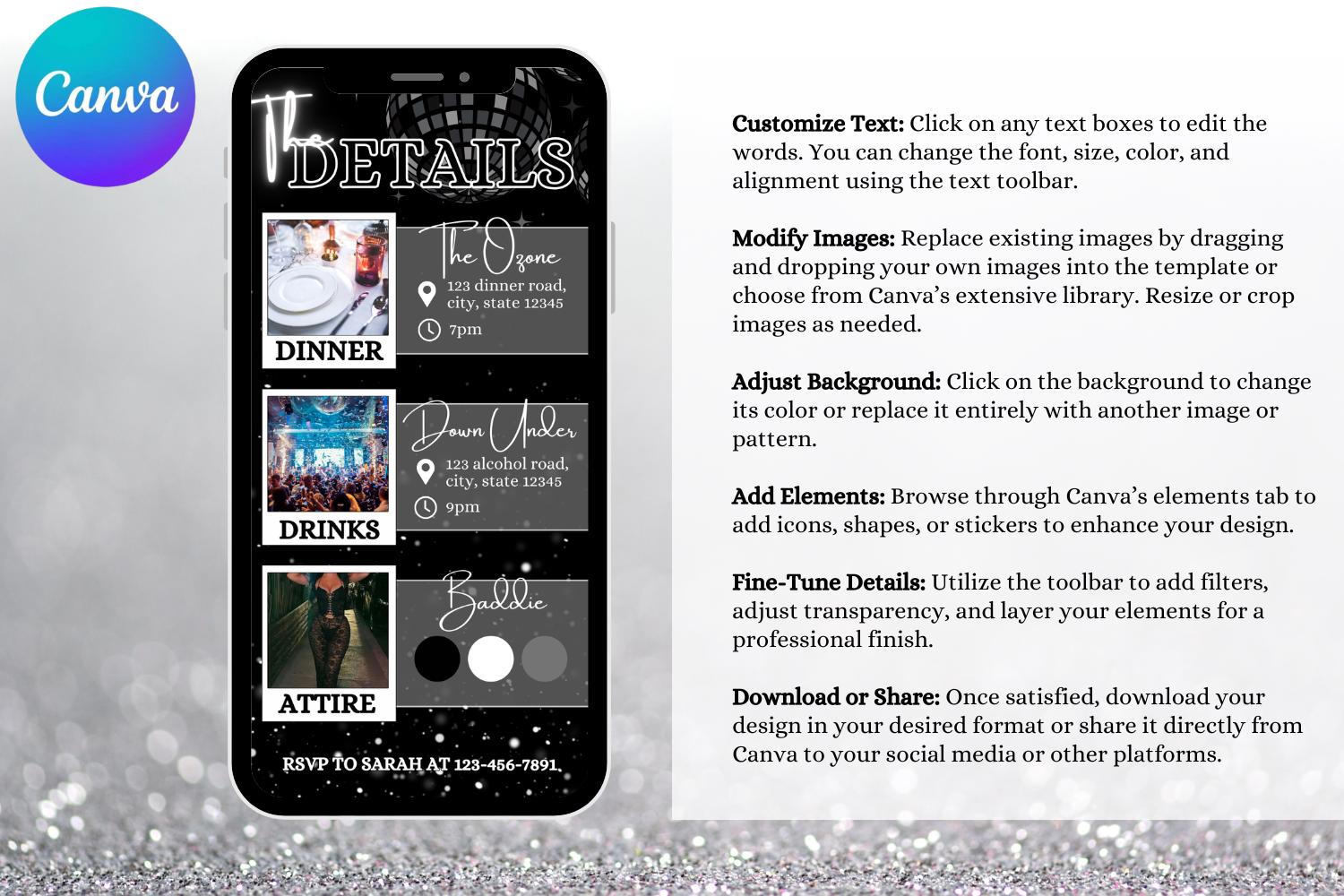 Black & Silver Birthday E-Vite, Glam Digital Birthday Invitation, Dinner & Drinks Party Invite, Editable Canva Birthday Template
