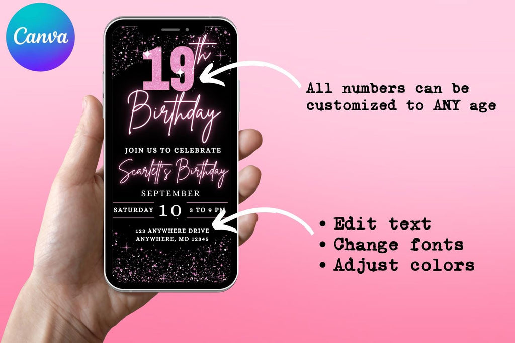 Pink & Black 19th Birthday E-Vite, Glitter Birthday Invitation, Editable Canva Digital Invite, Glam Birthday Party Template