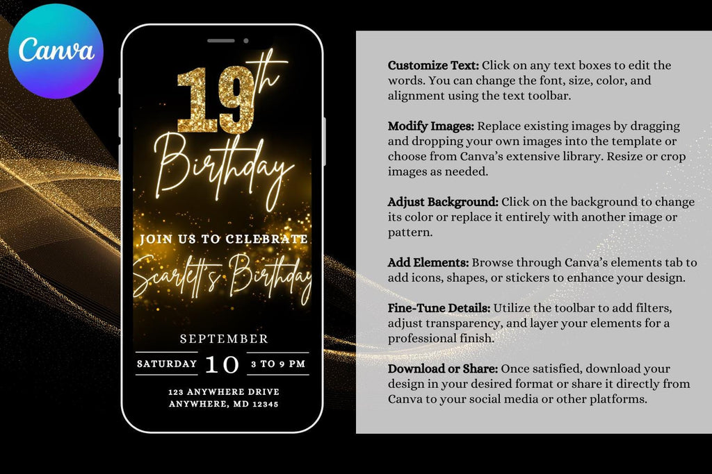 Black & Gold 19th Birthday E-Vite, Glam Birthday Invitation, Editable Canva Digital Invite, Dinner & Drinks Party Template