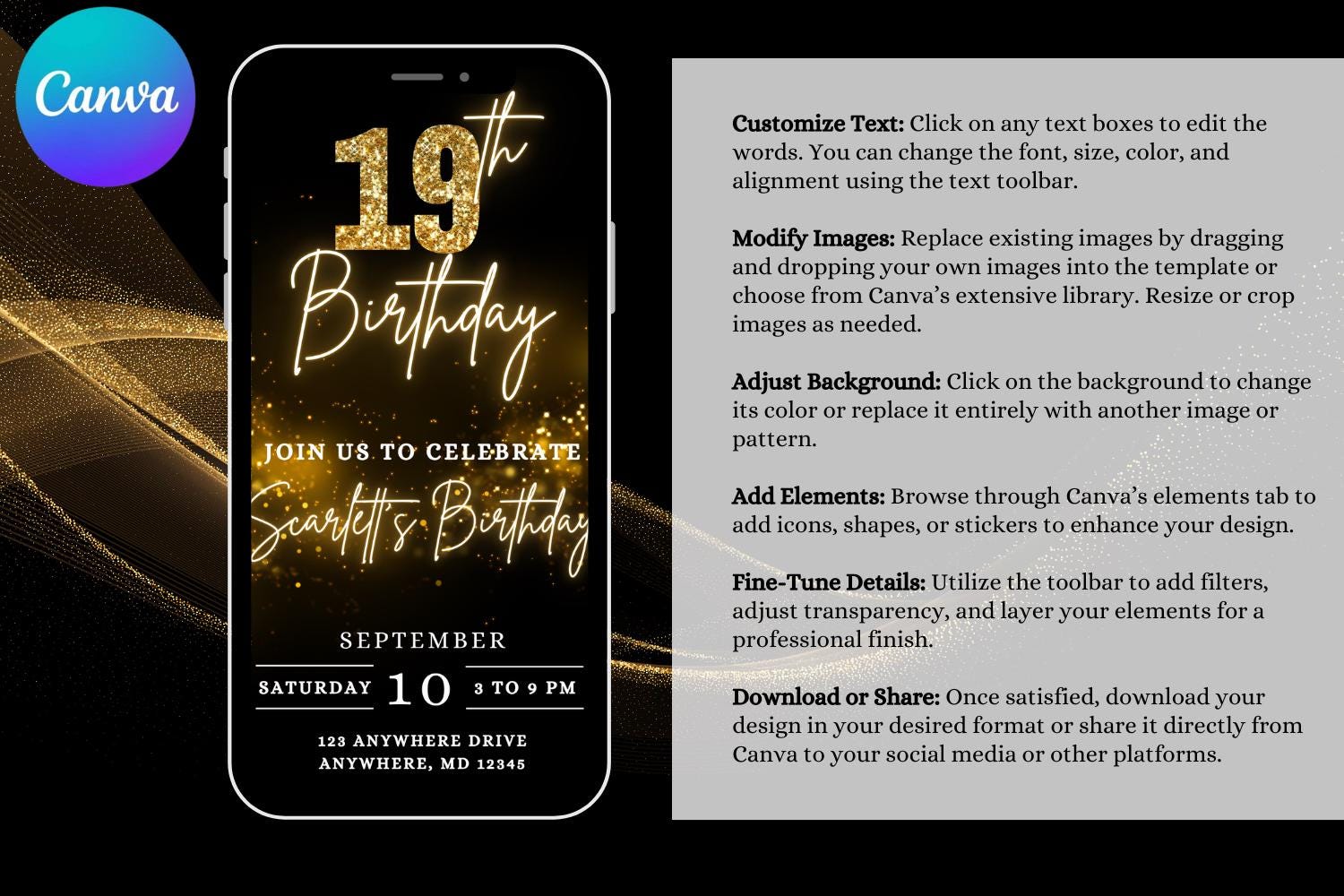 Black & Gold 19th Birthday E-Vite, Glam Birthday Invitation, Editable Canva Digital Invite, Dinner & Drinks Party Template