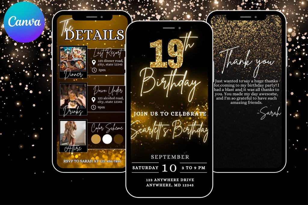 Black & Gold 19th Birthday E-Vite, Glam Birthday Invitation, Editable Canva Digital Invite, Dinner & Drinks Party Template
