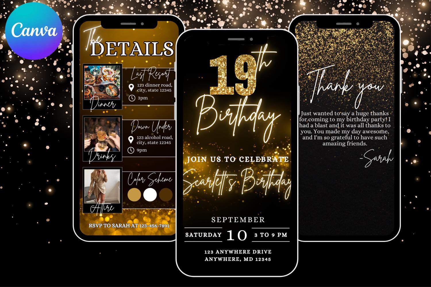 Black & Gold 19th Birthday E-Vite, Glam Birthday Invitation, Editable Canva Digital Invite, Dinner & Drinks Party Template
