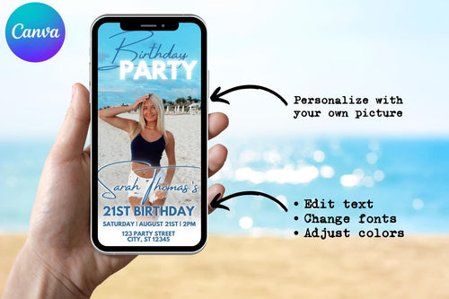 # Beach Birthday E-Vite, Coastal Birthday Invitation, Editable Canva Digital Invite, Beach Bar & Lunch Party Template
