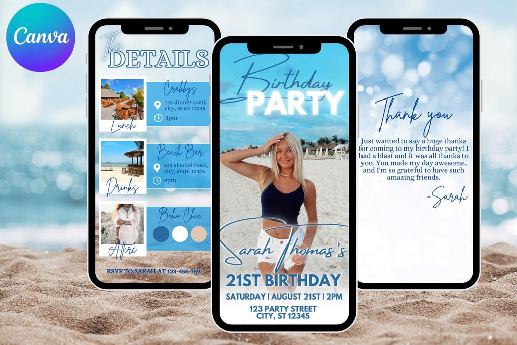 # Beach Birthday E-Vite, Coastal Birthday Invitation, Editable Canva Digital Invite, Beach Bar & Lunch Party Template