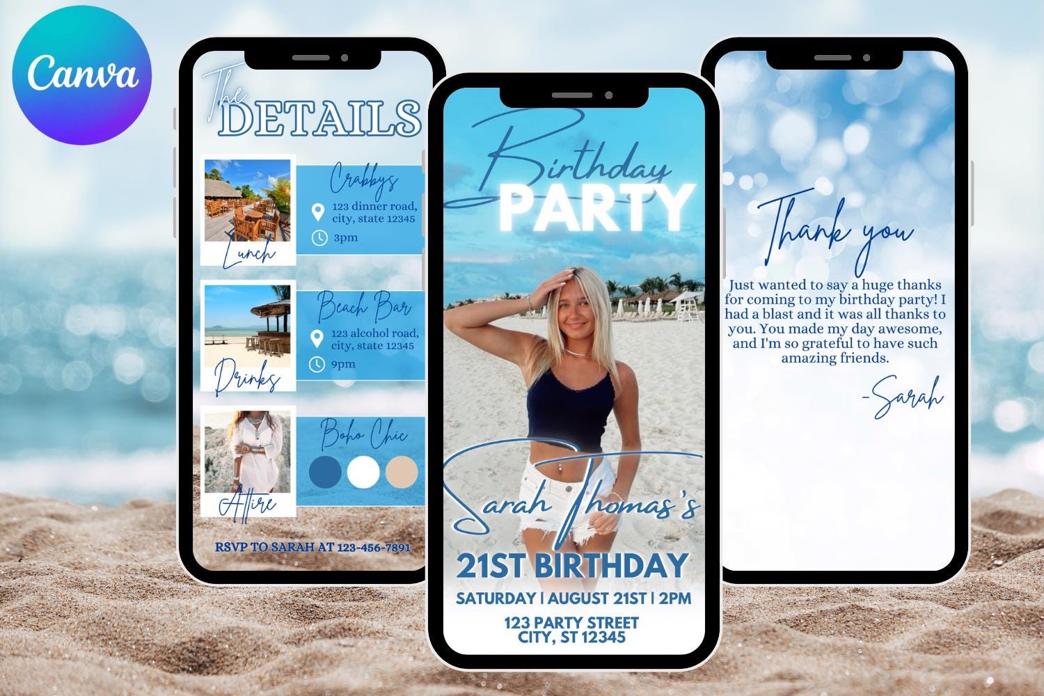 # Beach Birthday E-Vite, Coastal Birthday Invitation, Editable Canva Digital Invite, Beach Bar & Lunch Party Template