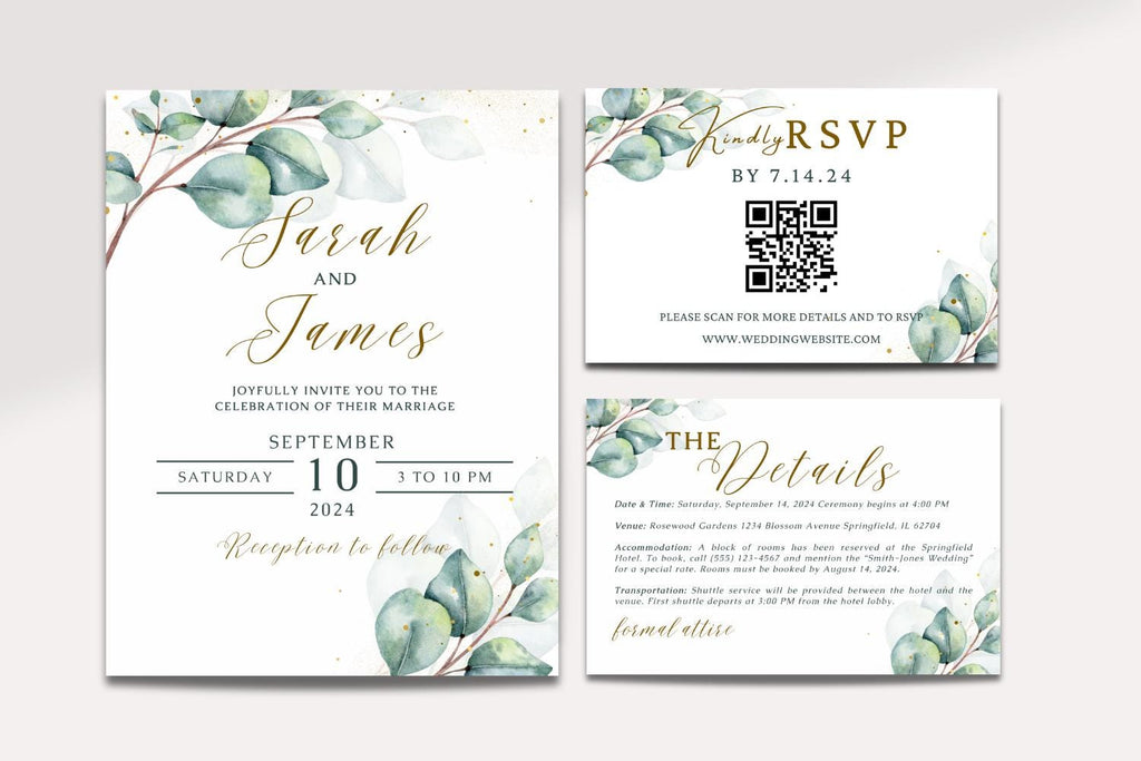 Eucalyptus Wedding Invitation Suite Bundle, Editable Canva Wedding Template, Save the Date, RSVP QR Code, Details Card, Greenery Wedding Invite