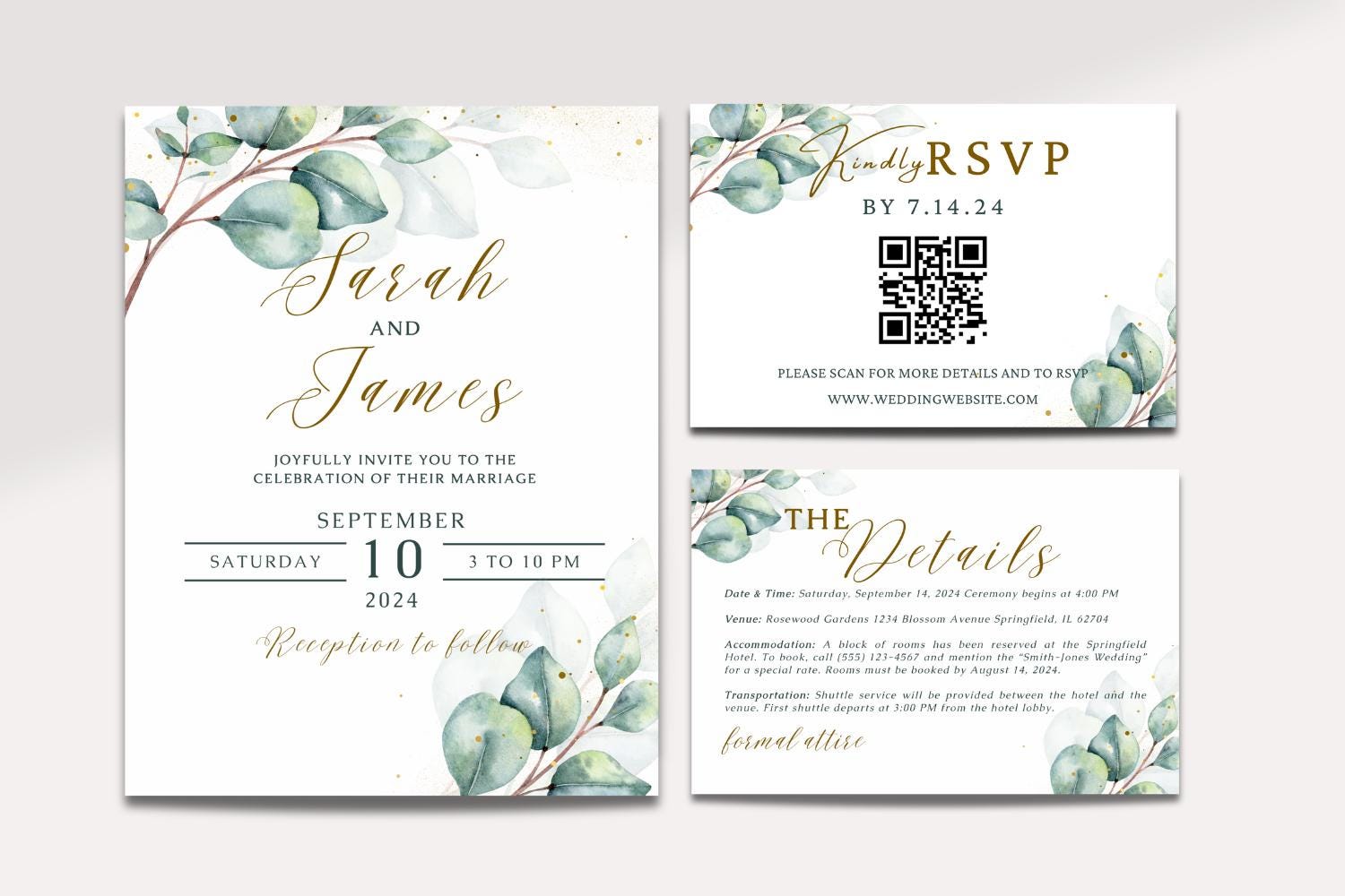 Eucalyptus Wedding Invitation Suite Bundle, Editable Canva Wedding Template, Save the Date, RSVP QR Code, Details Card, Greenery Wedding Invite