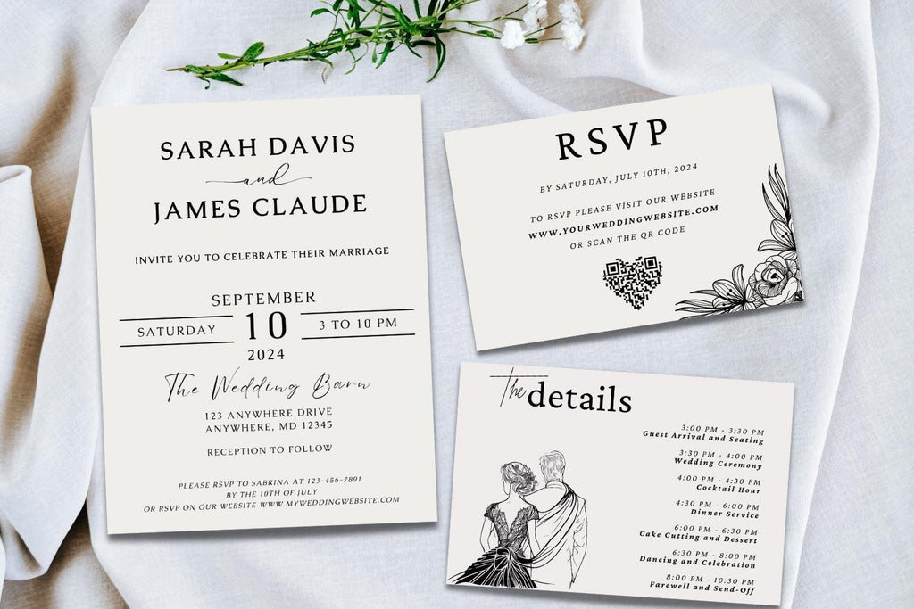 Black & White Wedding Invitation Suite Bundle, Minimalist Canva Wedding Template, Save the Date, RSVP QR Code, Details Card