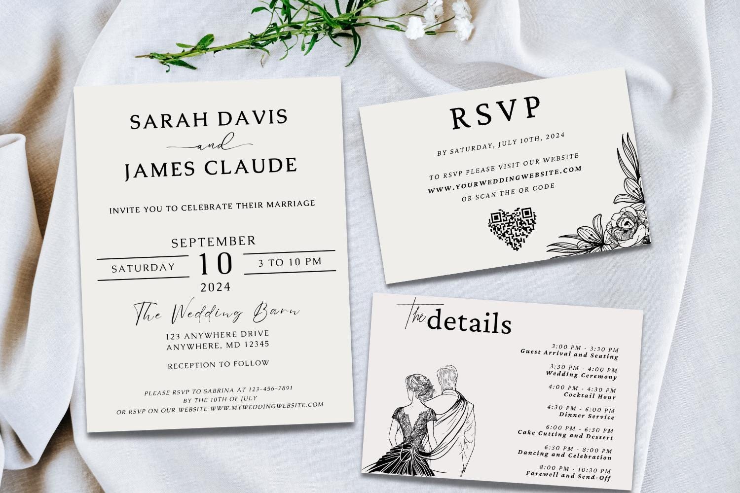 Black & White Wedding Invitation Suite Bundle, Minimalist Canva Wedding Template, Save the Date, RSVP QR Code, Details Card