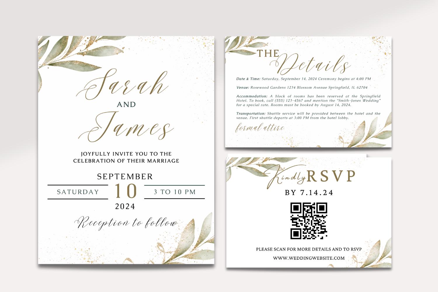 Gold Wedding Invitation Suite Bundle, Botanical Canva Wedding Template, Save the Date, RSVP QR Code, Details Card