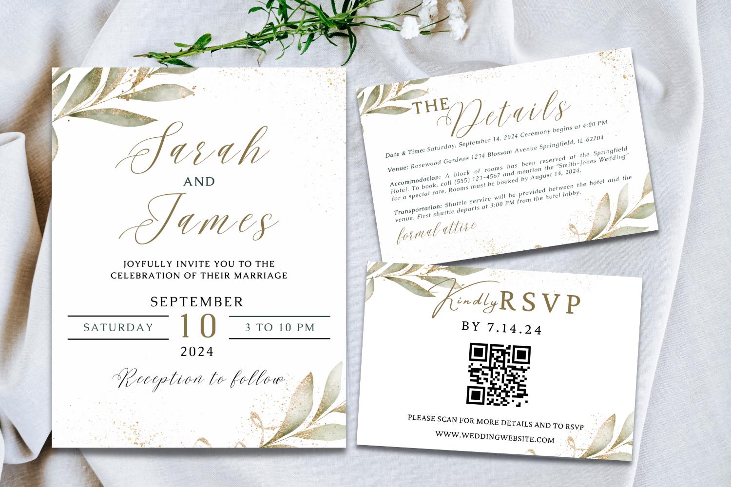 Gold Wedding Invitation Suite Bundle, Botanical Canva Wedding Template, Save the Date, RSVP QR Code, Details Card