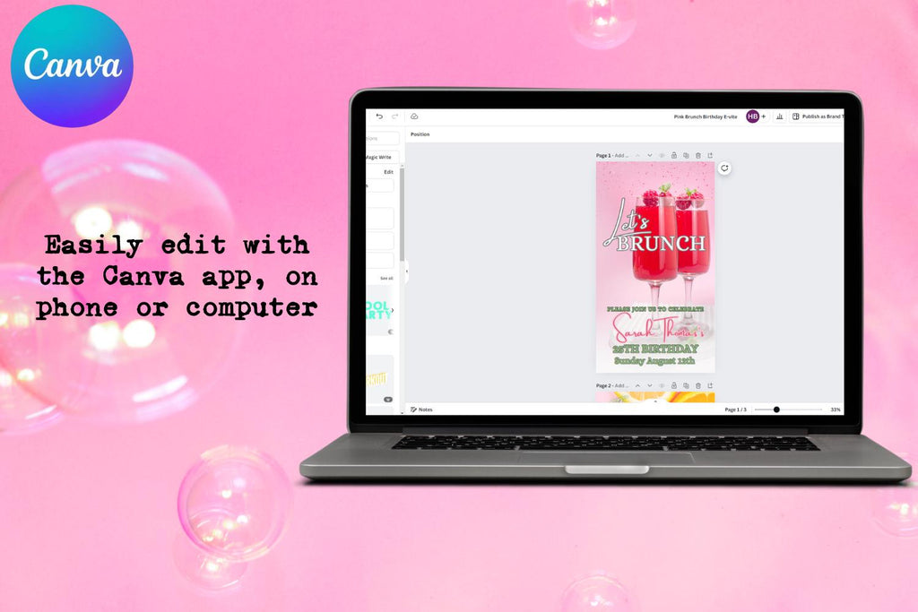 Berry Brunch Birthday E-Vite, Raspberry Brunch Invitation, Pink Birthday Brunch Canva Template, Editable Digital Birthday Invite