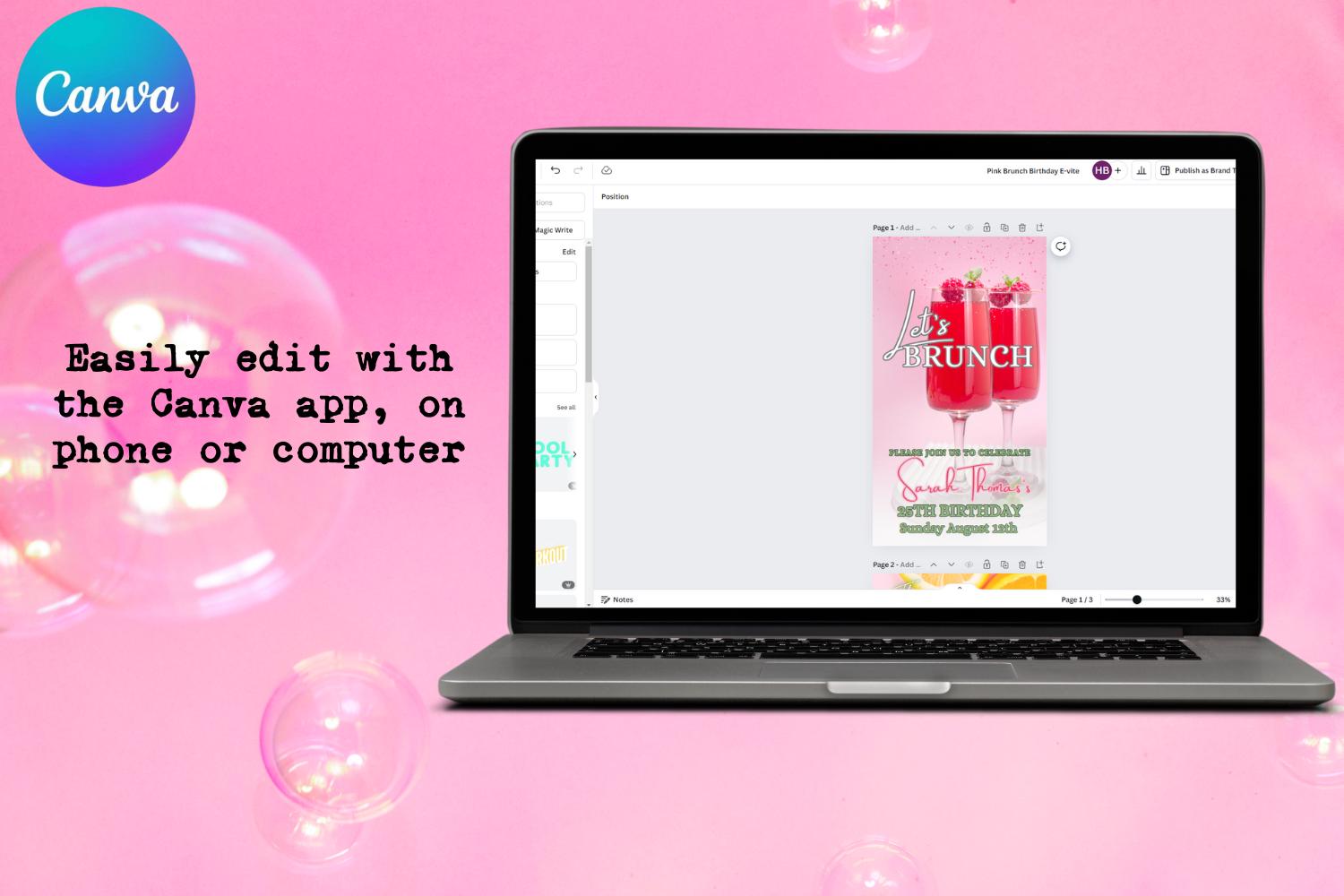 Berry Brunch Birthday E-Vite, Raspberry Brunch Invitation, Pink Birthday Brunch Canva Template, Editable Digital Birthday Invite