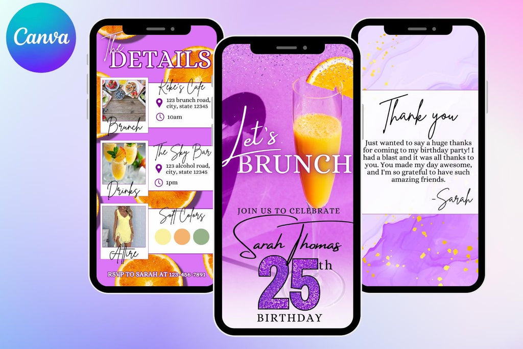 Purple & Orange Brunch Birthday E-Vite, Let’s Brunch Digital Birthday Invitation, Editable Canva Party Invite, Citrus Birthday Template