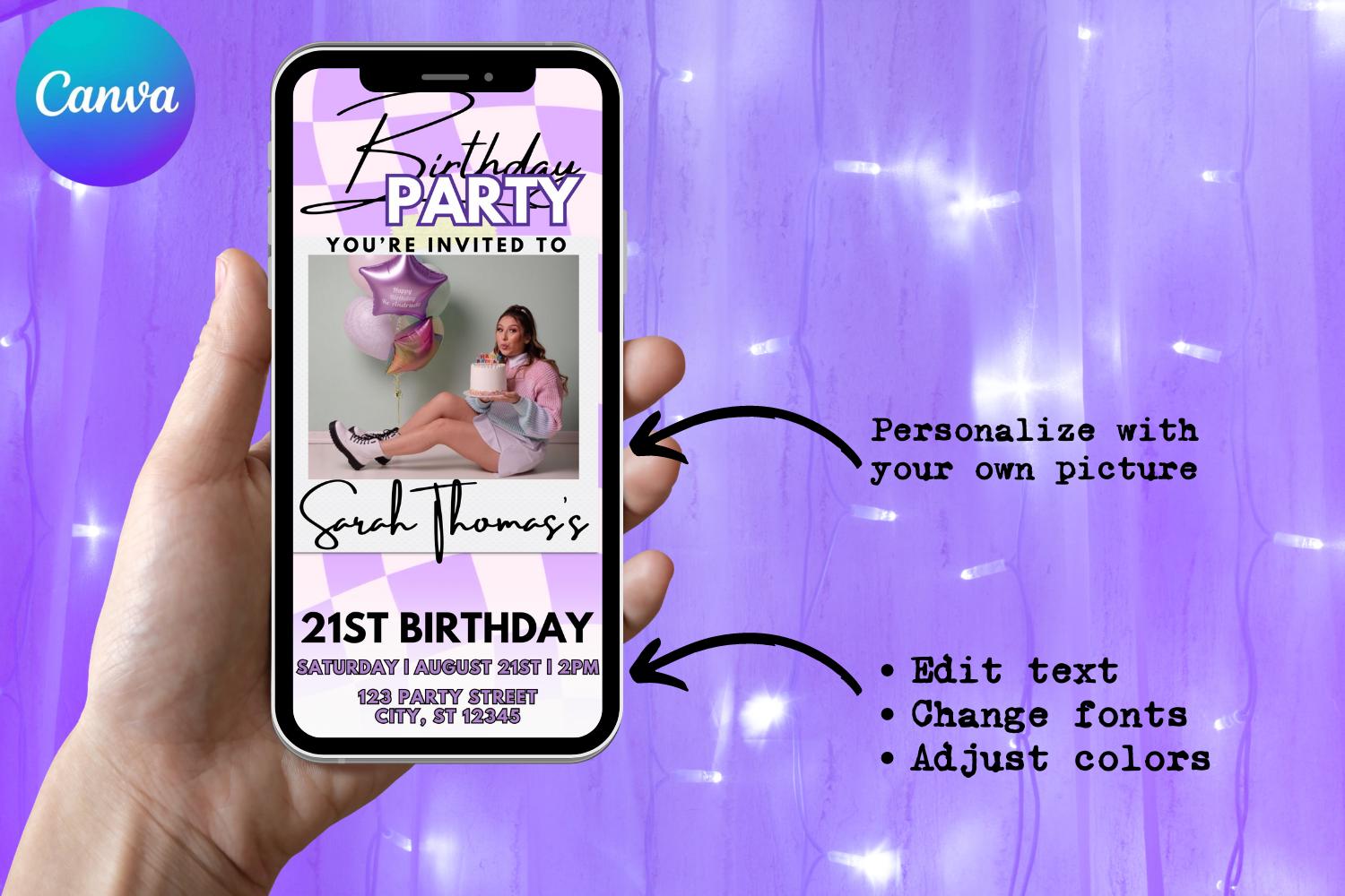 Purple Retro Birthday E-Vite, Digital Birthday Invitation, Dinner & Drinks Party Invite, Editable Canva Birthday Template