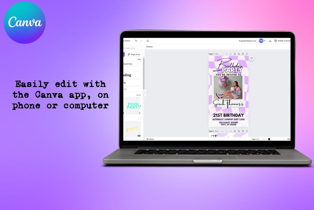 Purple Retro Birthday E-Vite, Digital Birthday Invitation, Dinner & Drinks Party Invite, Editable Canva Birthday Template
