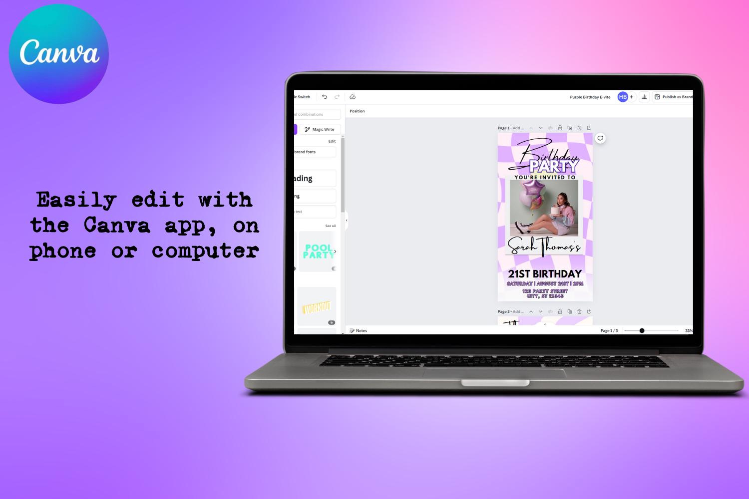 Purple Retro Birthday E-Vite, Digital Birthday Invitation, Dinner & Drinks Party Invite, Editable Canva Birthday Template