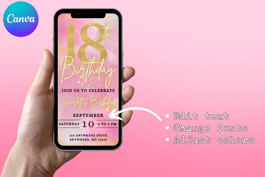 # Pink & Gold 18th Birthday E-Vite, Glitter Birthday Invitation, Editable Canva Digital Invite, Glam Birthday Party Template