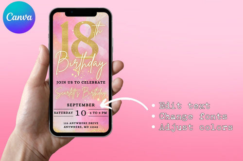 # Pink & Gold 18th Birthday E-Vite, Glitter Birthday Invitation, Editable Canva Digital Invite, Glam Birthday Party Template