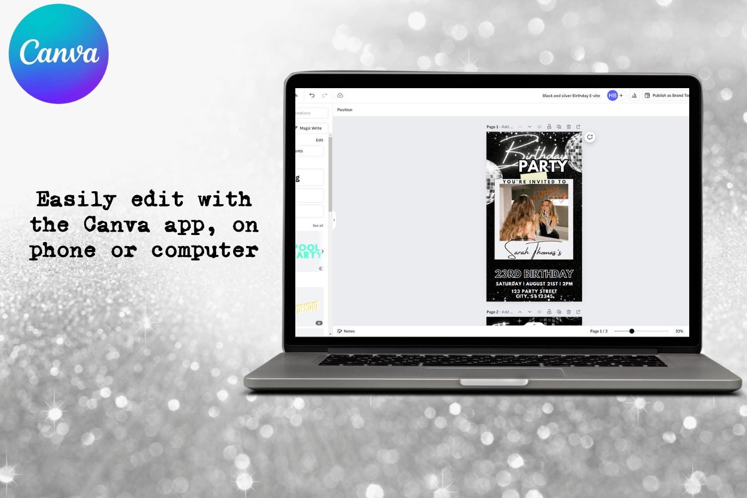 Black & Silver Birthday E-Vite, Glam Digital Birthday Invitation, Dinner & Drinks Party Invite, Editable Canva Birthday Template