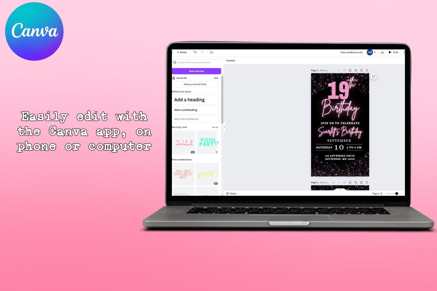 Pink & Black 19th Birthday E-Vite, Glitter Birthday Invitation, Editable Canva Digital Invite, Glam Birthday Party Template