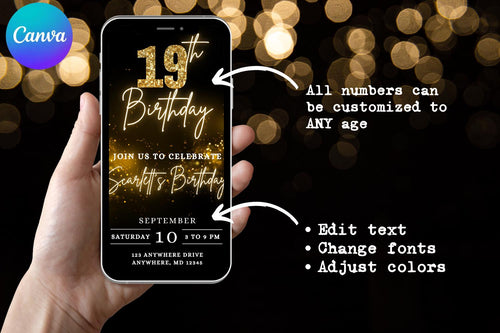 Black & Gold 19th Birthday E-Vite, Glam Birthday Invitation, Editable Canva Digital Invite, Dinner & Drinks Party Template