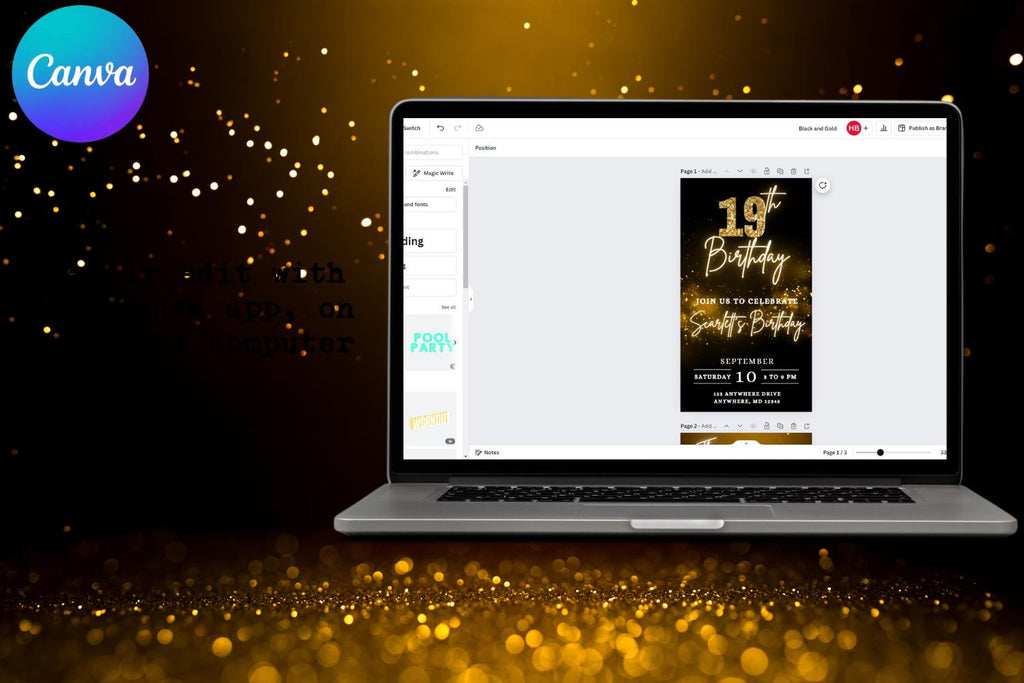 Black & Gold 19th Birthday E-Vite, Glam Birthday Invitation, Editable Canva Digital Invite, Dinner & Drinks Party Template