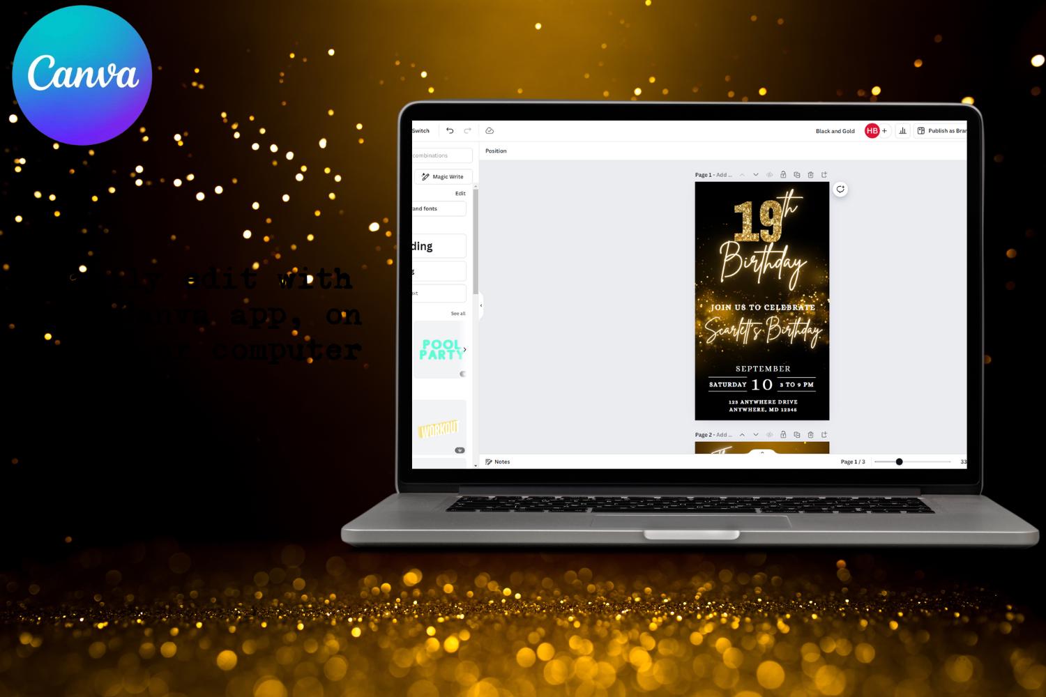 Black & Gold 19th Birthday E-Vite, Glam Birthday Invitation, Editable Canva Digital Invite, Dinner & Drinks Party Template