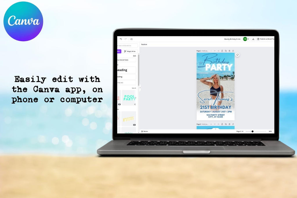 # Beach Birthday E-Vite, Coastal Birthday Invitation, Editable Canva Digital Invite, Beach Bar & Lunch Party Template