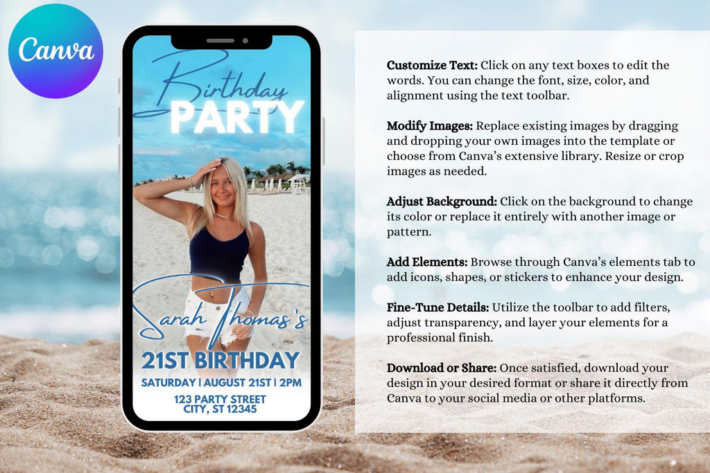 # Beach Birthday E-Vite, Coastal Birthday Invitation, Editable Canva Digital Invite, Beach Bar & Lunch Party Template