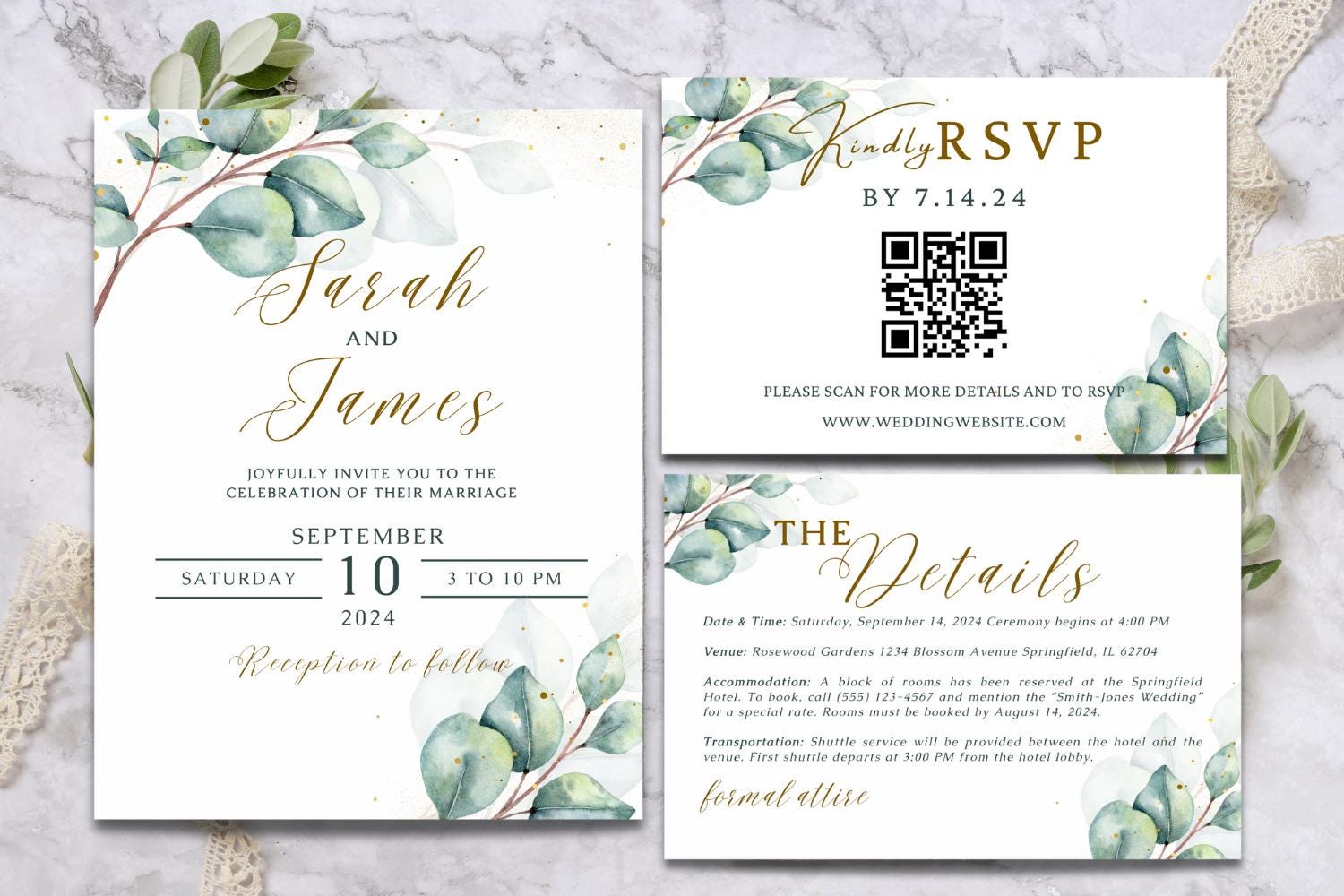 Eucalyptus Wedding Invitation Suite Bundle, Editable Canva Wedding Template, Save the Date, RSVP QR Code, Details Card, Greenery Wedding Invite