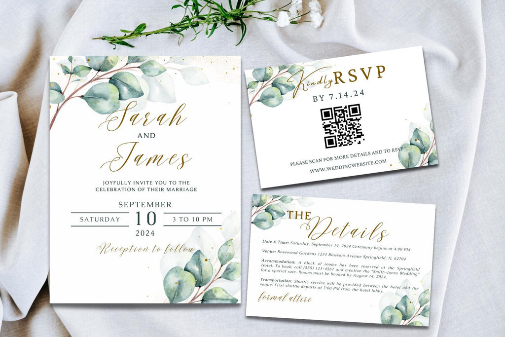 Eucalyptus Wedding Invitation Suite Bundle, Editable Canva Wedding Template, Save the Date, RSVP QR Code, Details Card, Greenery Wedding Invite