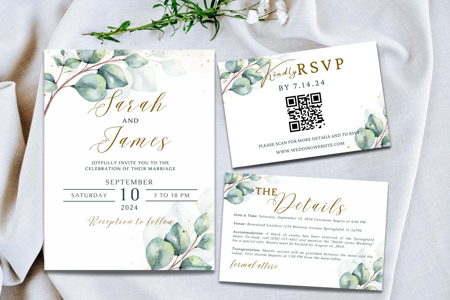 Eucalyptus Wedding Invitation Suite Bundle, Editable Canva Wedding Template, Save the Date, RSVP QR Code, Details Card, Greenery Wedding Invite