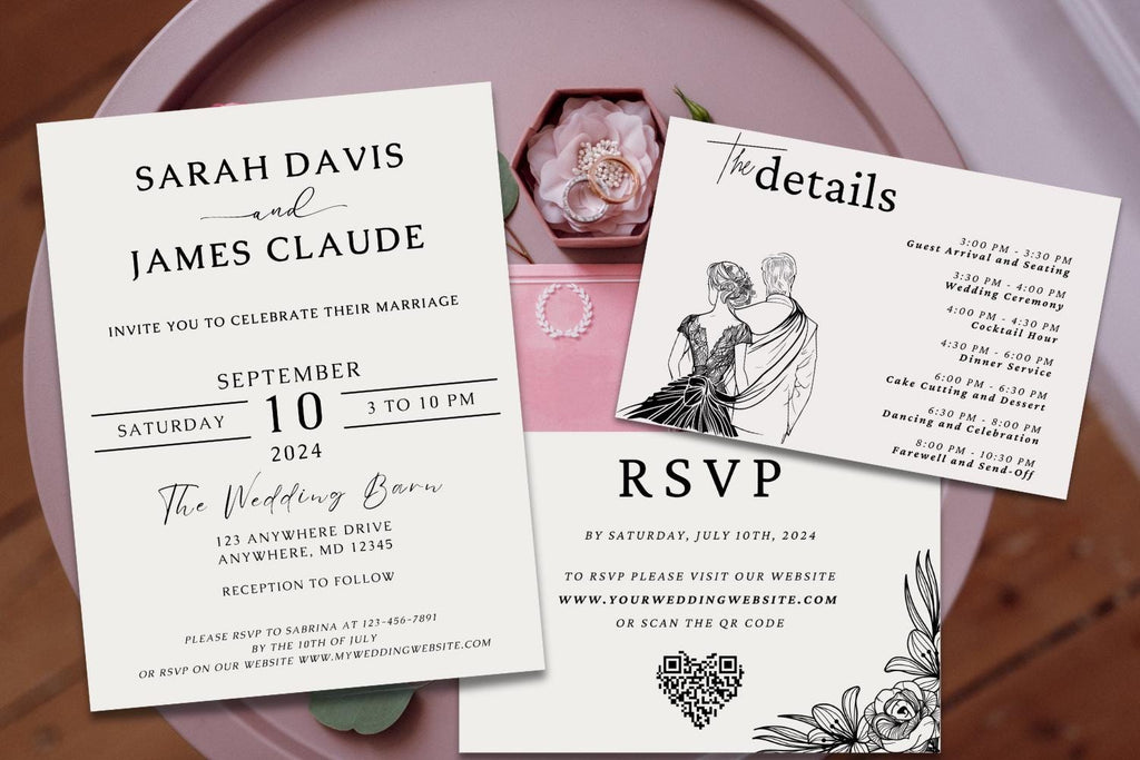 Black & White Wedding Invitation Suite Bundle, Minimalist Canva Wedding Template, Save the Date, RSVP QR Code, Details Card