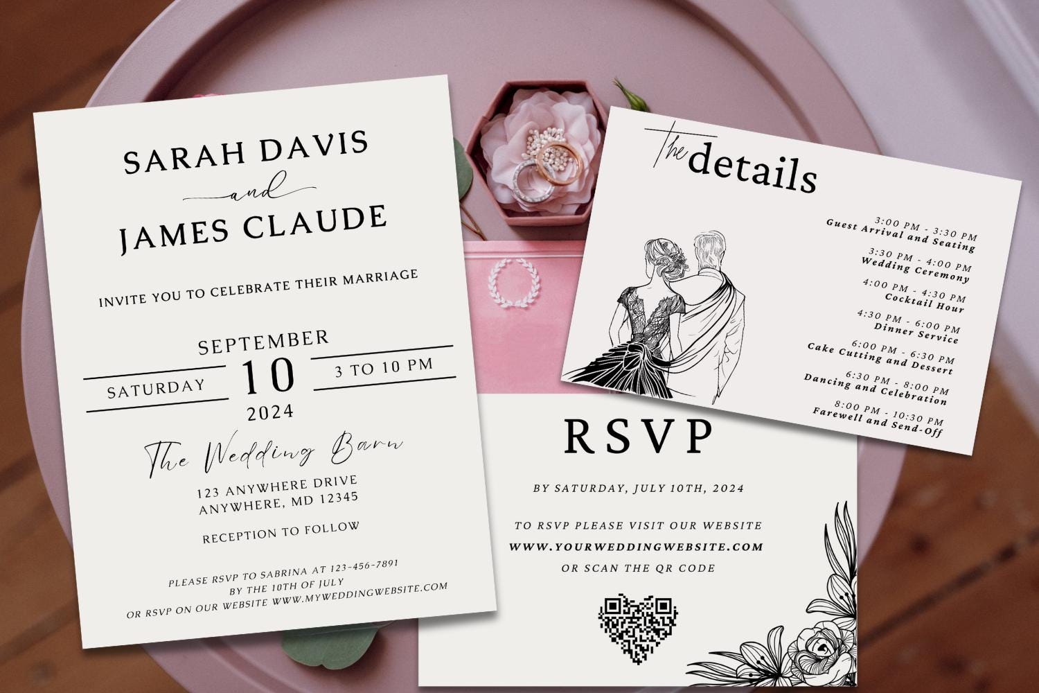 Black & White Wedding Invitation Suite Bundle, Minimalist Canva Wedding Template, Save the Date, RSVP QR Code, Details Card