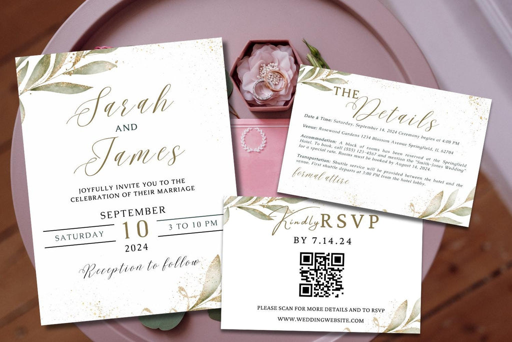 Gold Wedding Invitation Suite Bundle, Botanical Canva Wedding Template, Save the Date, RSVP QR Code, Details Card