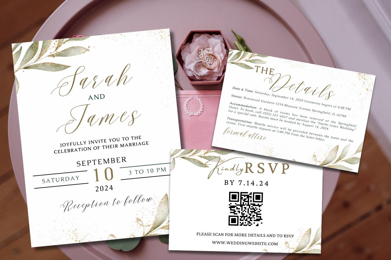 Gold Wedding Invitation Suite Bundle, Botanical Canva Wedding Template, Save the Date, RSVP QR Code, Details Card