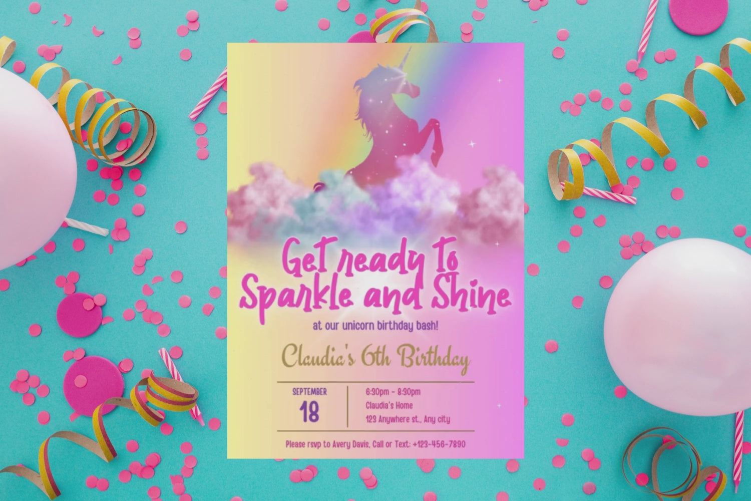 Pastel Unicorn Birthday Invitation, Sparkle & Shine Unicorn Party Invite, Rainbow Kids Birthday, Editable Canva Invitation