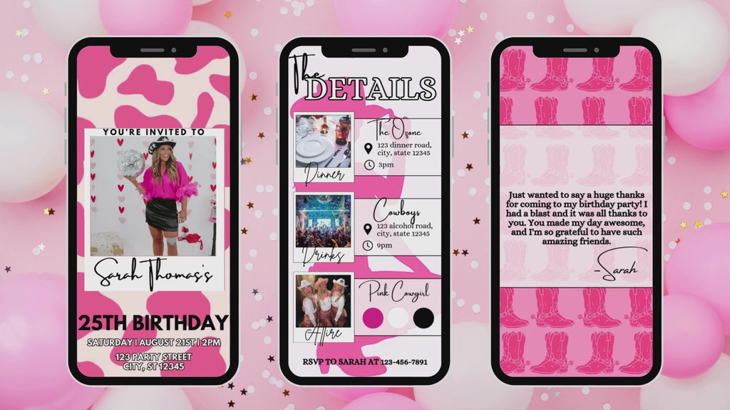 Pink Cowgirl Birthday E-Vite, Western Birthday Invitation, Cow Print Digital Invite, Editable Canva Cowgirl Party Template