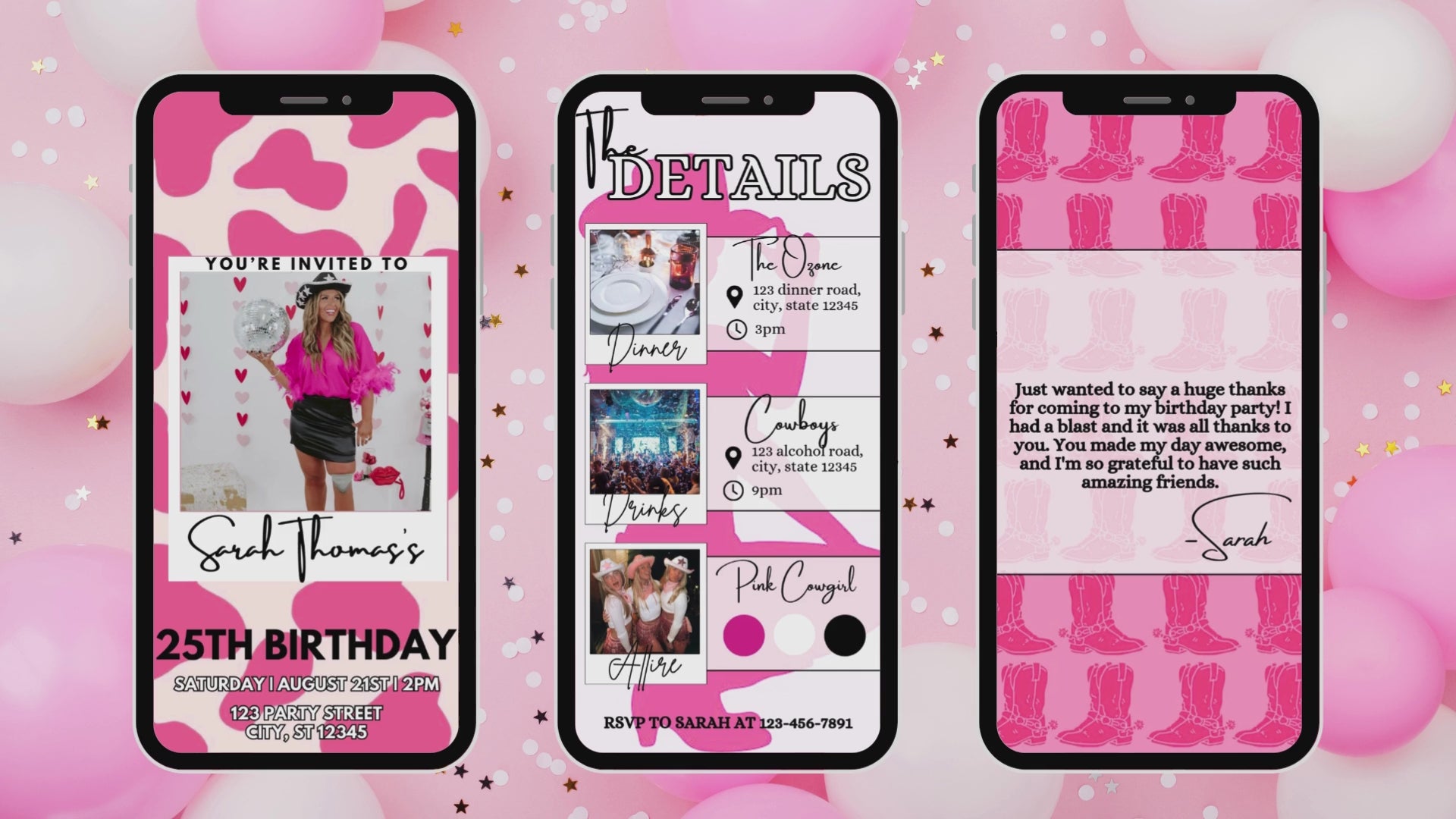 Pink Cowgirl Birthday E-Vite, Western Birthday Invitation, Cow Print Digital Invite, Editable Canva Cowgirl Party Template