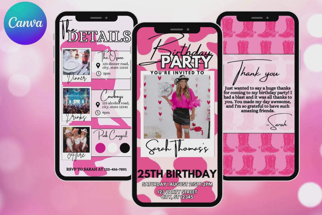 Pink Cowgirl Birthday E-Vite, Western Birthday Invitation, Cow Print Digital Invite, Editable Canva Cowgirl Party Template