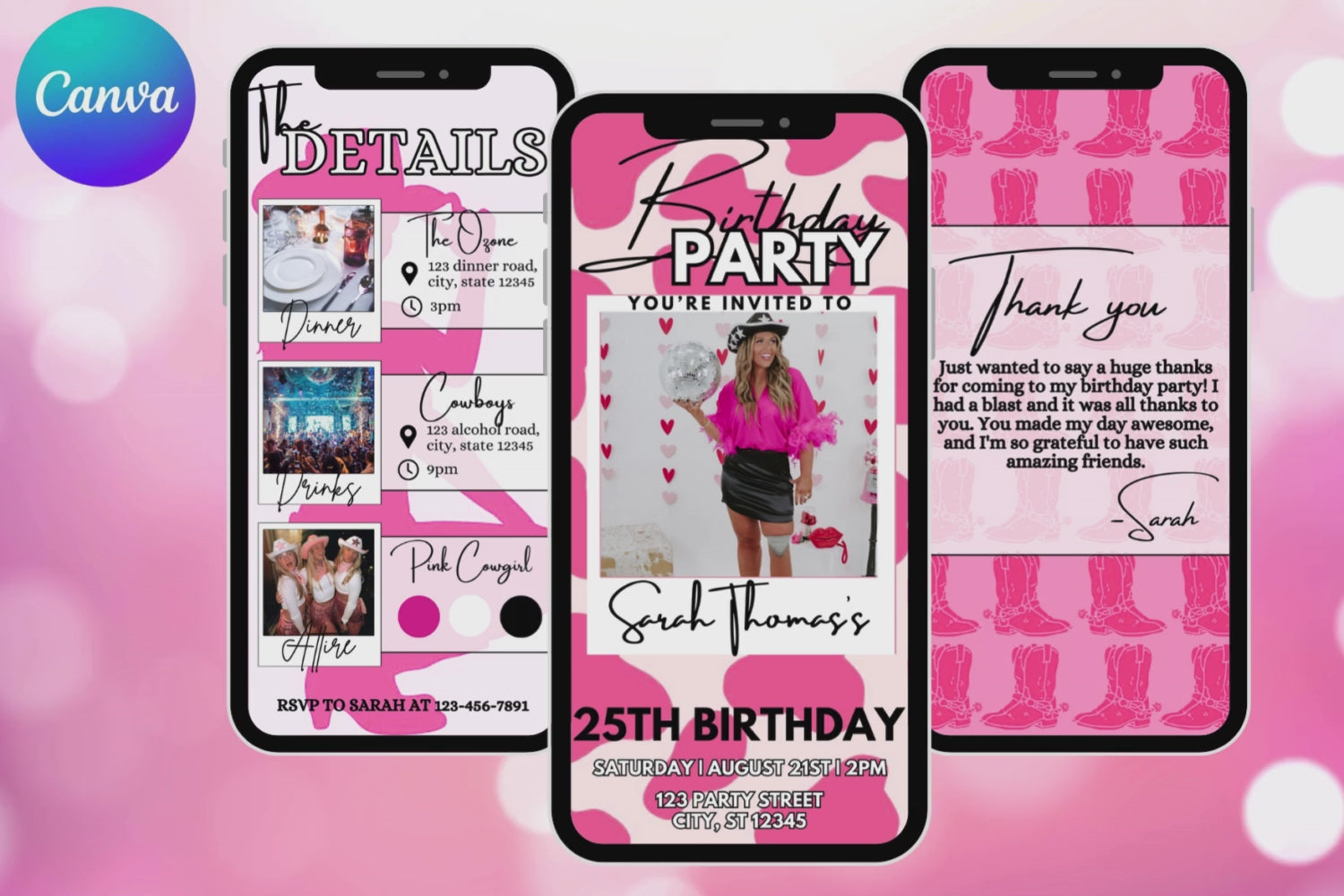 Pink Cowgirl Birthday E-Vite, Western Birthday Invitation, Cow Print Digital Invite, Editable Canva Cowgirl Party Template