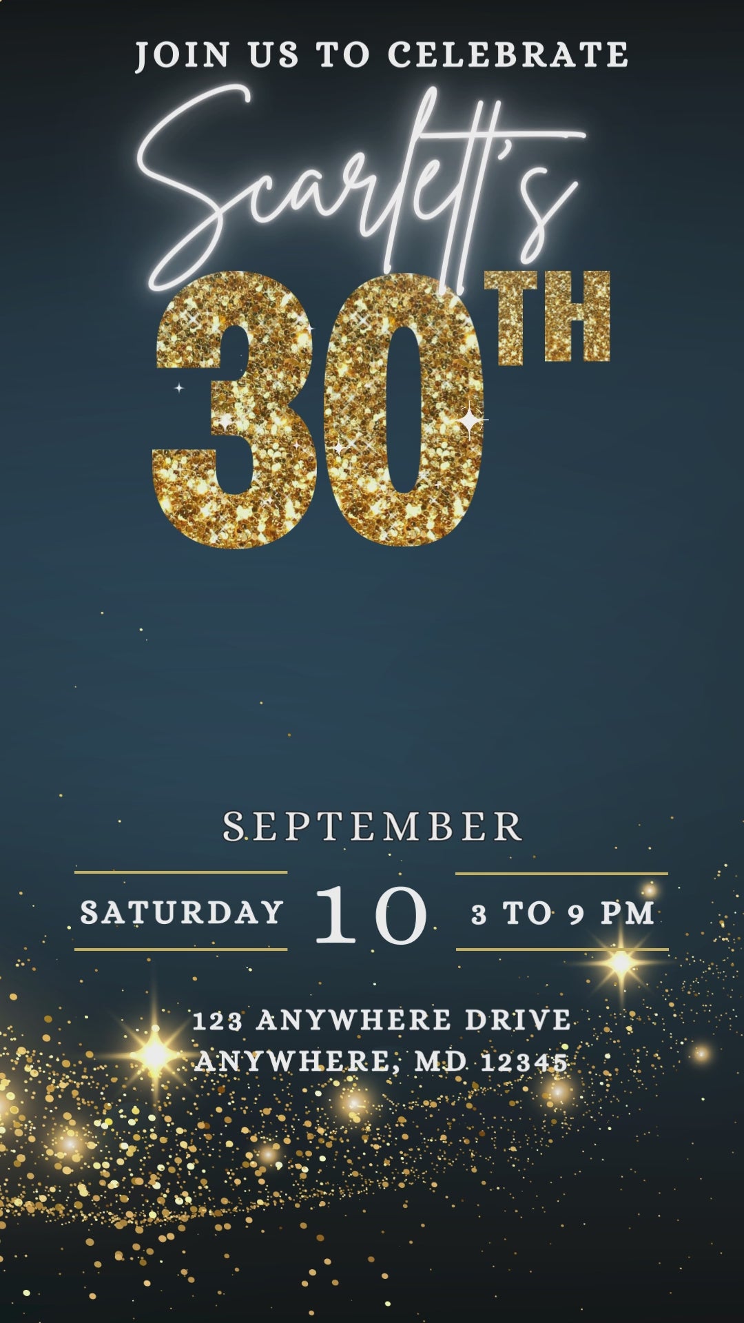 30th Birthday E-Vite Template | Navy & Gold Glitter Editable Canva Invitation