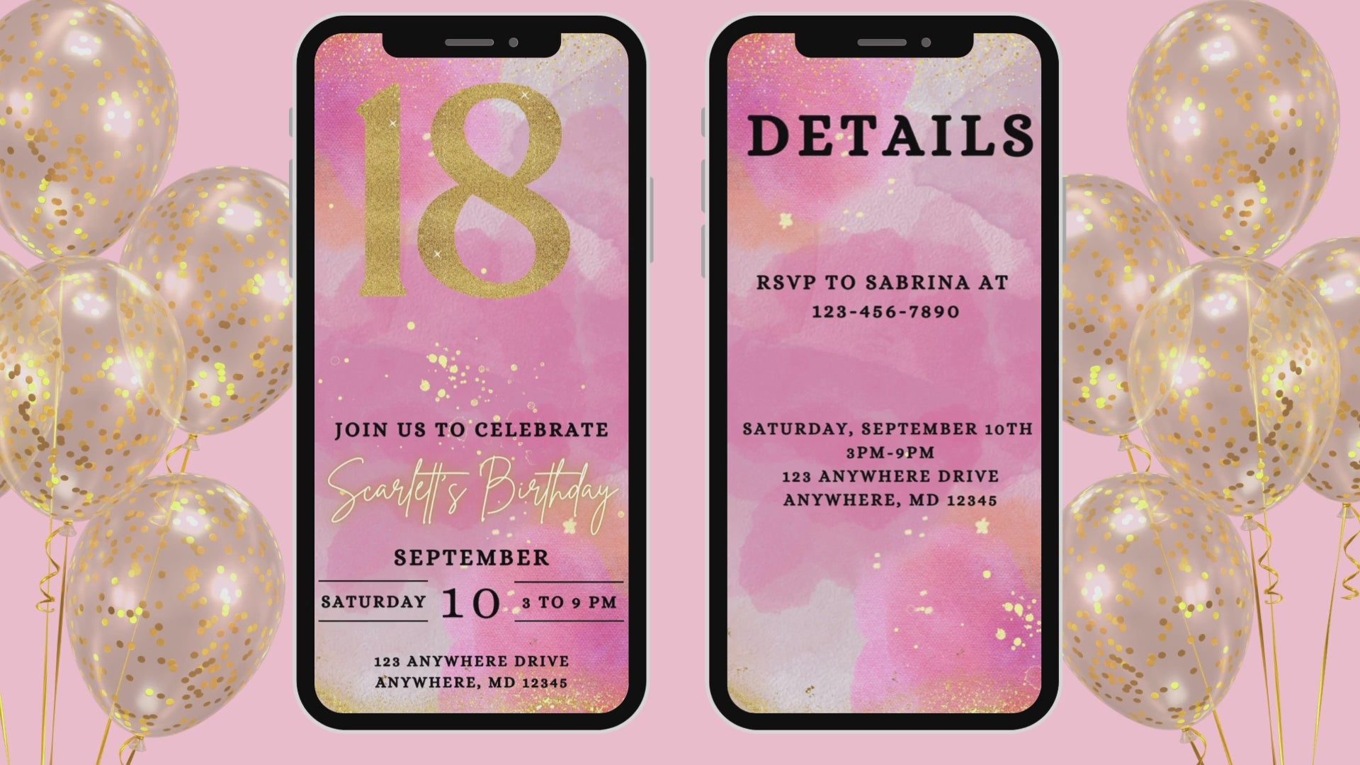 # Pink & Gold 18th Birthday E-Vite, Glitter Birthday Invitation, Editable Canva Digital Invite, Glam Birthday Party Template