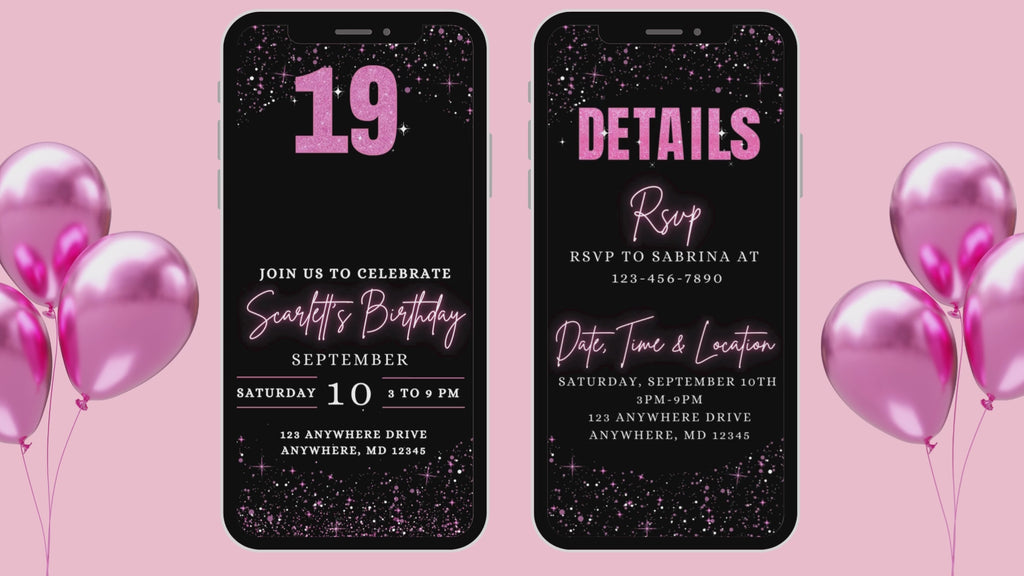 Pink & Black 19th Birthday E-Vite, Glitter Birthday Invitation, Editable Canva Digital Invite, Glam Birthday Party Template