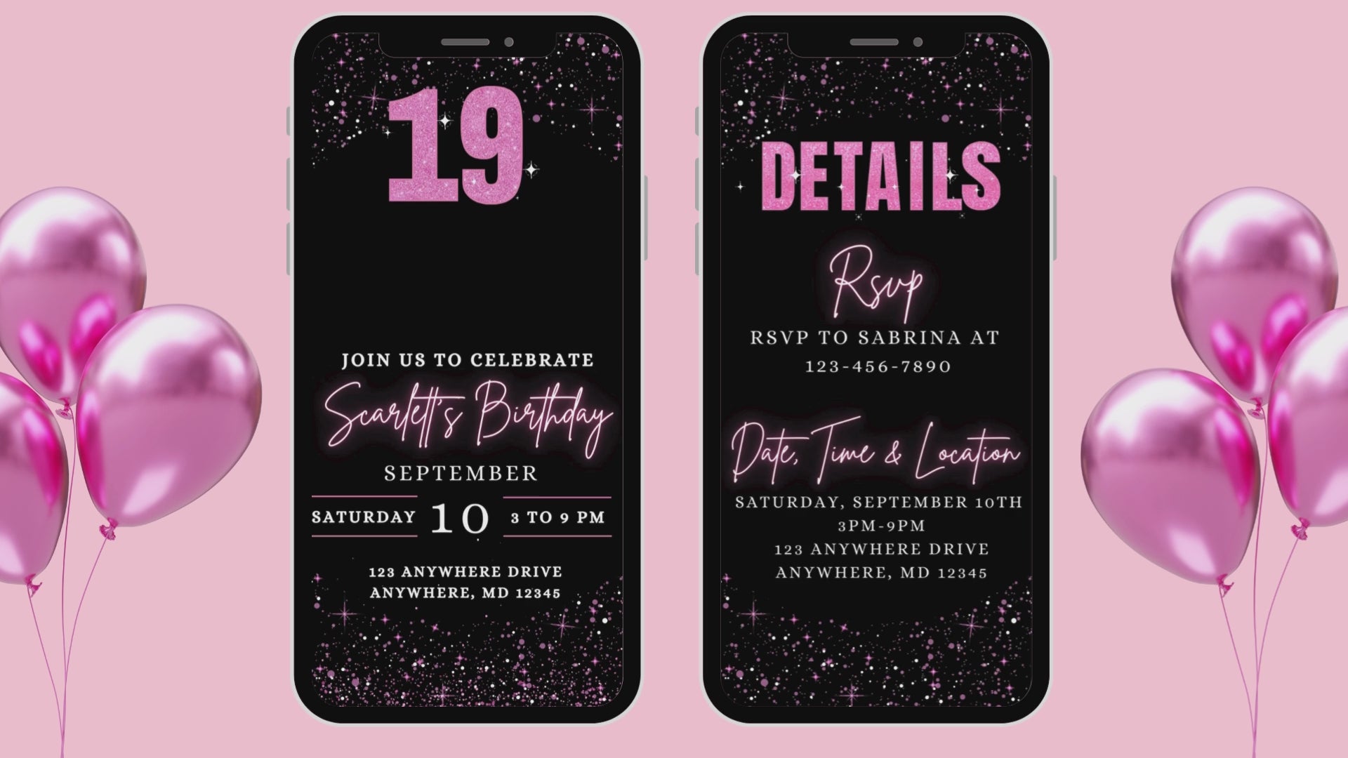 Pink & Black 19th Birthday E-Vite, Glitter Birthday Invitation, Editable Canva Digital Invite, Glam Birthday Party Template